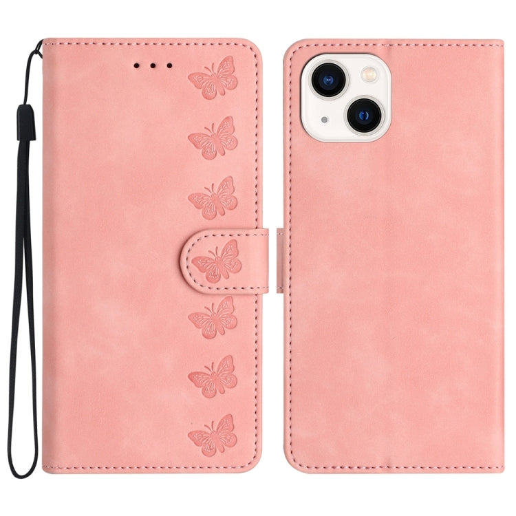 Seven Butterflies Embossed Leather Phone Case, For iPhone 15 Pro Max, For iPhone 15 Pro, For iPhone 15 Plus, For iPhone 15, For iPhone 14 Plus