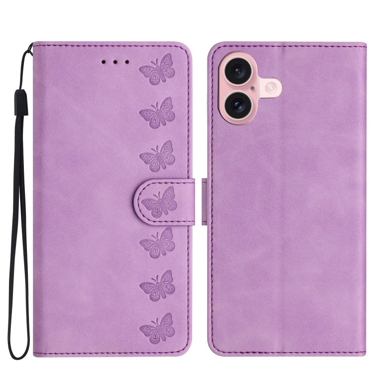 Seven Butterflies Embossed Leather Phone Case, For iPhone 16e, For iPhone 16 Pro Max, For iPhone 16 Pro, For iPhone 16 Plus, For iPhone 16