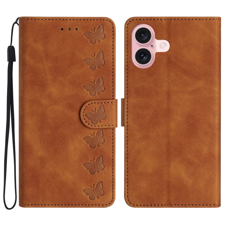 Seven Butterflies Embossed Leather Phone Case, For iPhone 16e, For iPhone 16 Pro Max, For iPhone 16 Pro, For iPhone 16 Plus, For iPhone 16