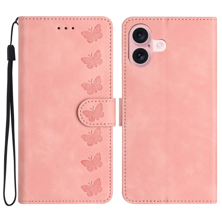 Seven Butterflies Embossed Leather Phone Case, For iPhone 16e, For iPhone 16 Pro Max, For iPhone 16 Pro, For iPhone 16 Plus, For iPhone 16