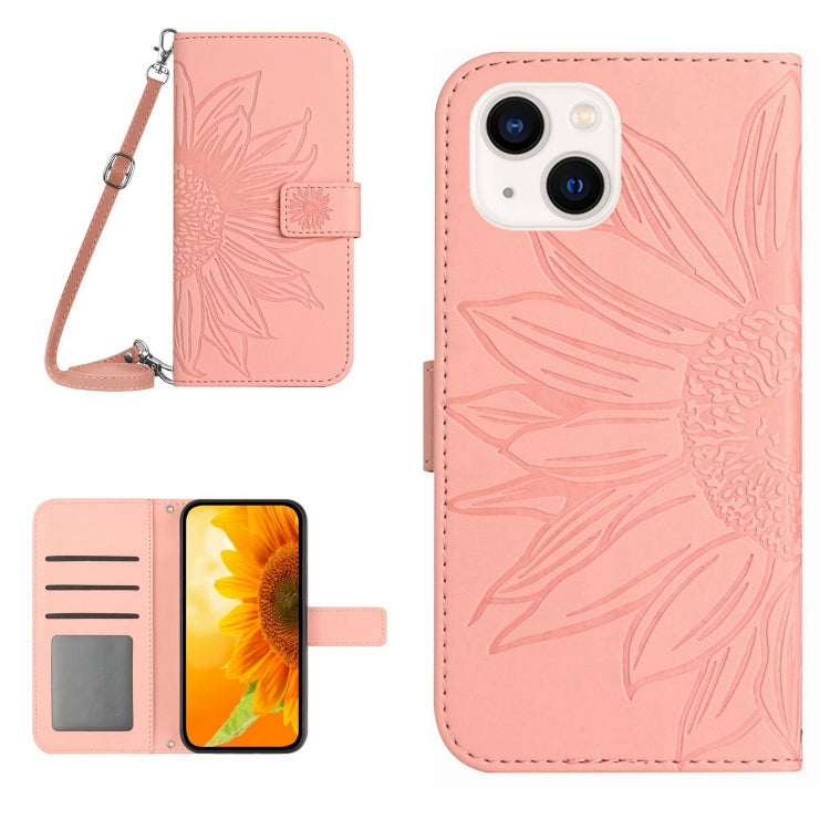 Skin Feel Sun Flower Embossed Flip Leather Phone Case with Lanyard, For iPhone 15 Pro, For iPhone 15 Plus, For iPhone 15