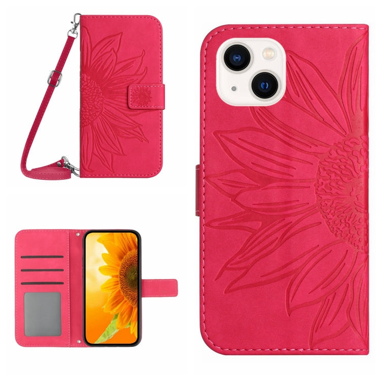 Skin Feel Sun Flower Embossed Flip Leather Phone Case with Lanyard, For iPhone 15 Pro, For iPhone 15 Plus, For iPhone 15