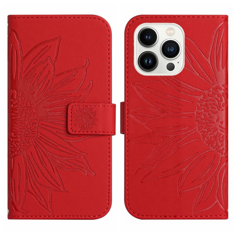 Skin Feel Sun Flower Embossed Flip Leather Phone Case with Lanyard, For iPhone 15 Pro, For iPhone 15 Plus, For iPhone 15