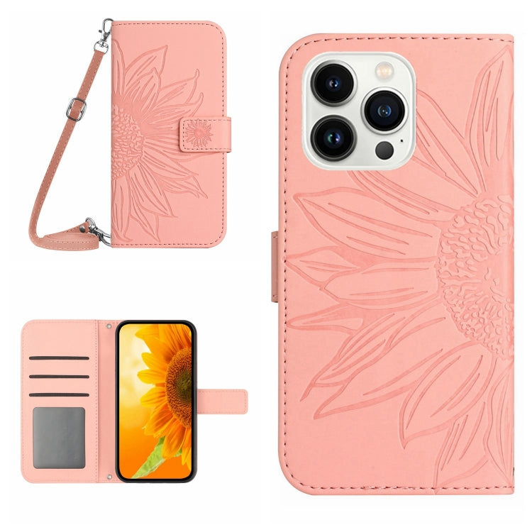 Skin Feel Sun Flower Embossed Flip Leather Phone Case with Lanyard, For iPhone 15 Pro, For iPhone 15 Plus, For iPhone 15