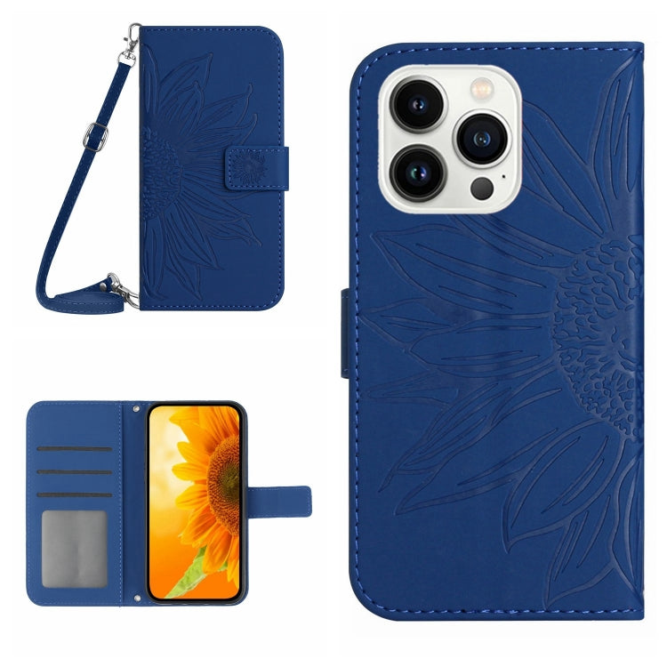 Skin Feel Sun Flower Embossed Flip Leather Phone Case with Lanyard, For iPhone 15 Pro, For iPhone 15 Plus, For iPhone 15