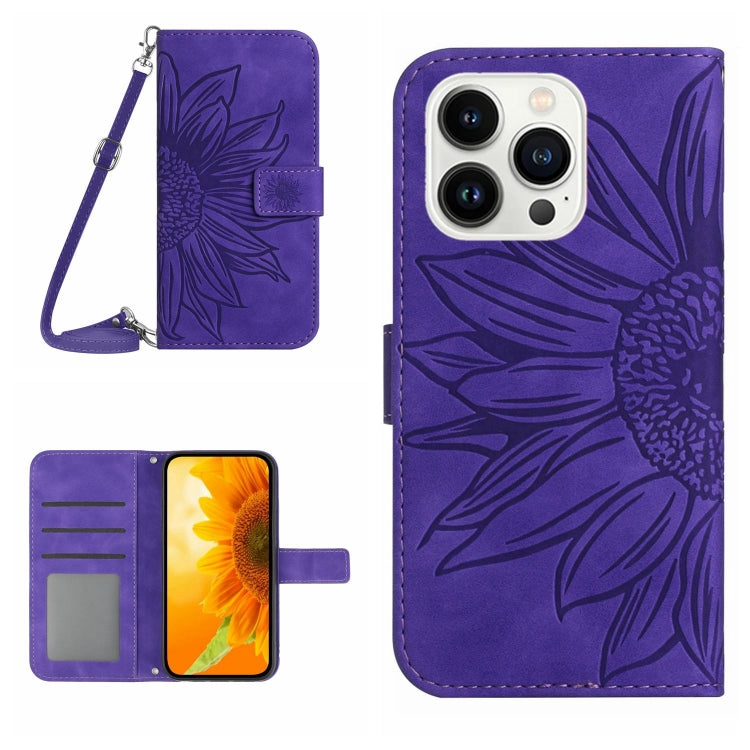 Skin Feel Sun Flower Embossed Flip Leather Phone Case with Lanyard, For iPhone 15 Pro, For iPhone 15 Plus, For iPhone 15