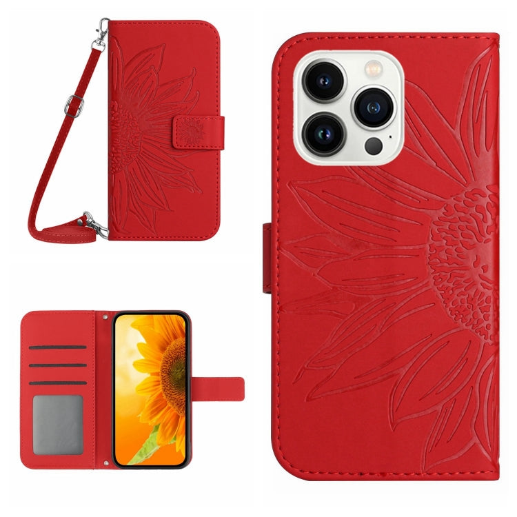 Skin Feel Sun Flower Embossed Flip Leather Phone Case with Lanyard, For iPhone 16, iPhone 16e, For iPhone 15 Pro Max