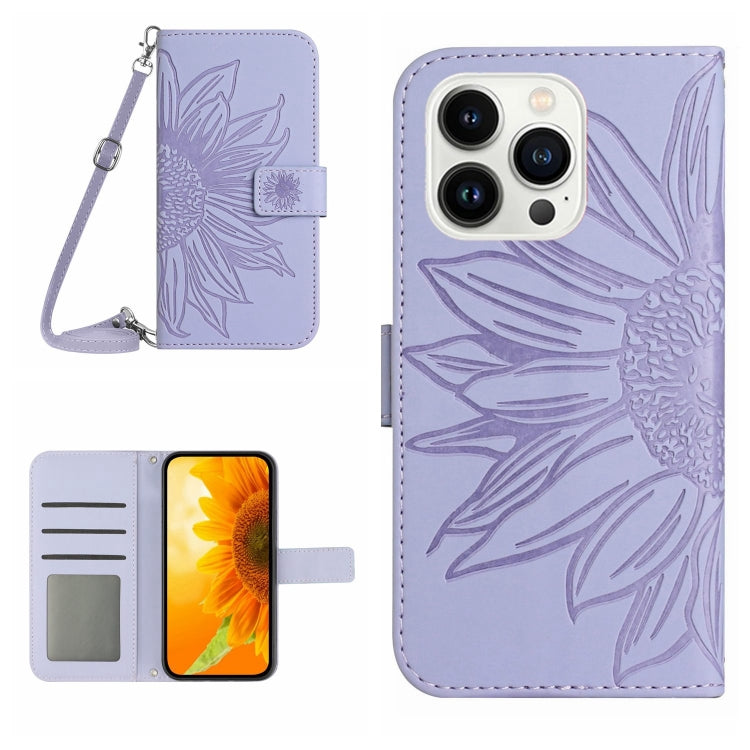 Skin Feel Sun Flower Embossed Flip Leather Phone Case with Lanyard, For iPhone 16, iPhone 16e, For iPhone 15 Pro Max