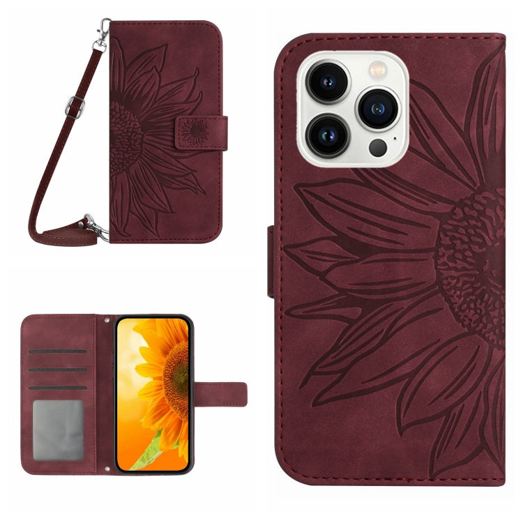 Skin Feel Sun Flower Embossed Flip Leather Phone Case with Lanyard, For iPhone 16, iPhone 16e, For iPhone 15 Pro Max