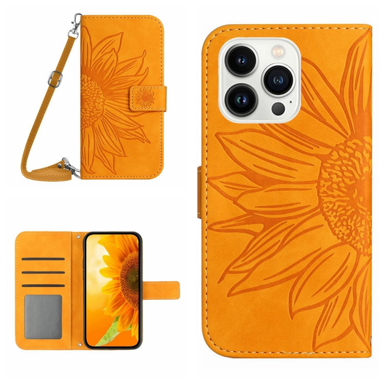 Skin Feel Sun Flower Embossed Flip Leather Phone Case with Lanyard, For iPhone 16, iPhone 16e, For iPhone 15 Pro Max