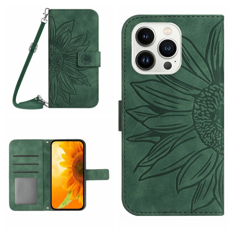 Skin Feel Sun Flower Embossed Flip Leather Phone Case with Lanyard, For iPhone 16, iPhone 16e, For iPhone 15 Pro Max