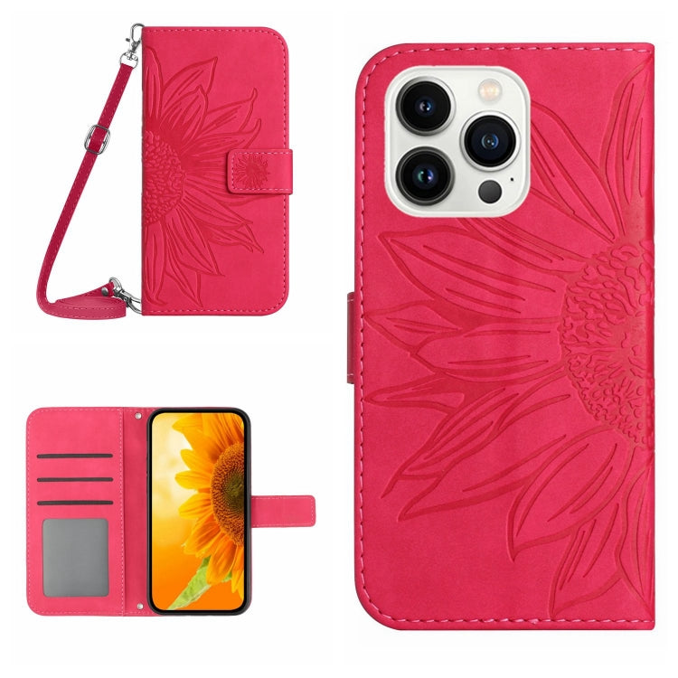 Skin Feel Sun Flower Embossed Flip Leather Phone Case with Lanyard, For iPhone 16, iPhone 16e, For iPhone 15 Pro Max