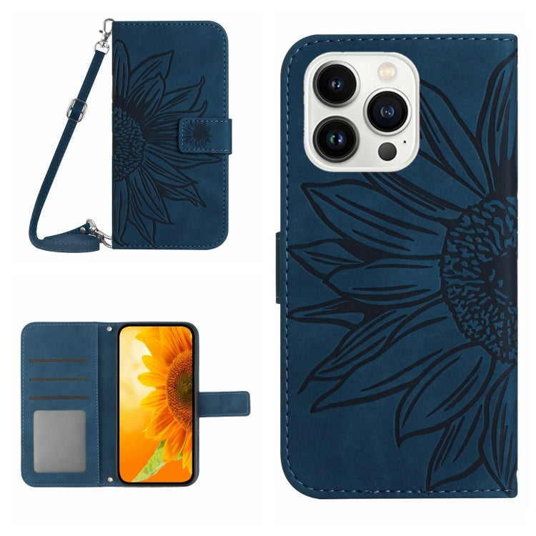 Skin Feel Sun Flower Embossed Flip Leather Phone Case with Lanyard, For iPhone 16, iPhone 16e, For iPhone 15 Pro Max