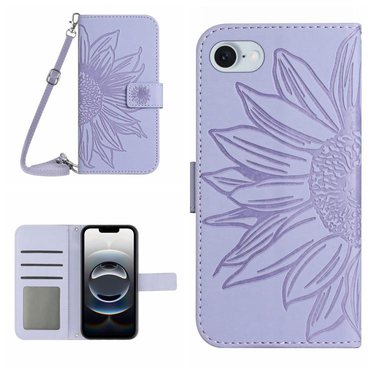 Skin Feel Sun Flower Embossed Flip Leather Phone Case with Lanyard, For iPhone 16, iPhone 16e, For iPhone 15 Pro Max