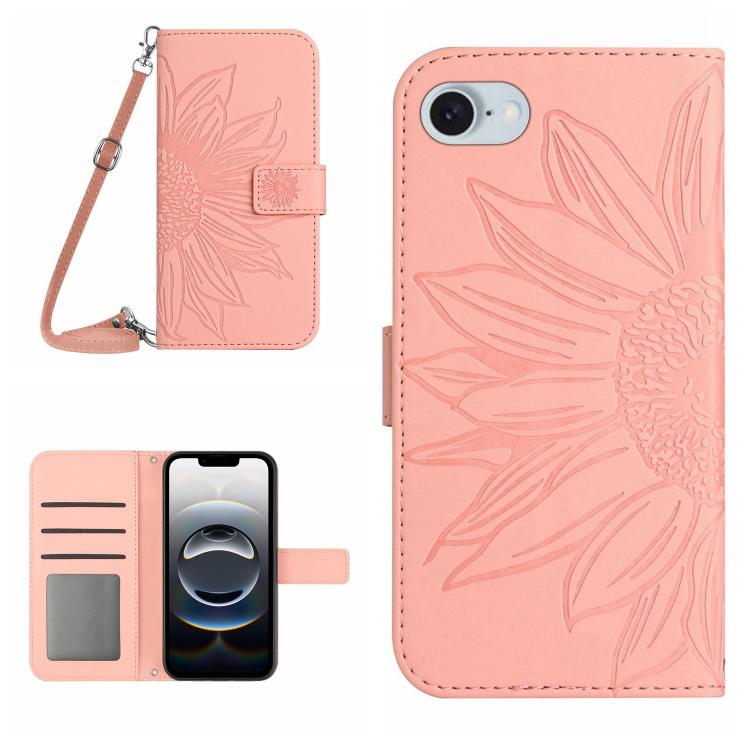 Skin Feel Sun Flower Embossed Flip Leather Phone Case with Lanyard, For iPhone 16, iPhone 16e, For iPhone 15 Pro Max