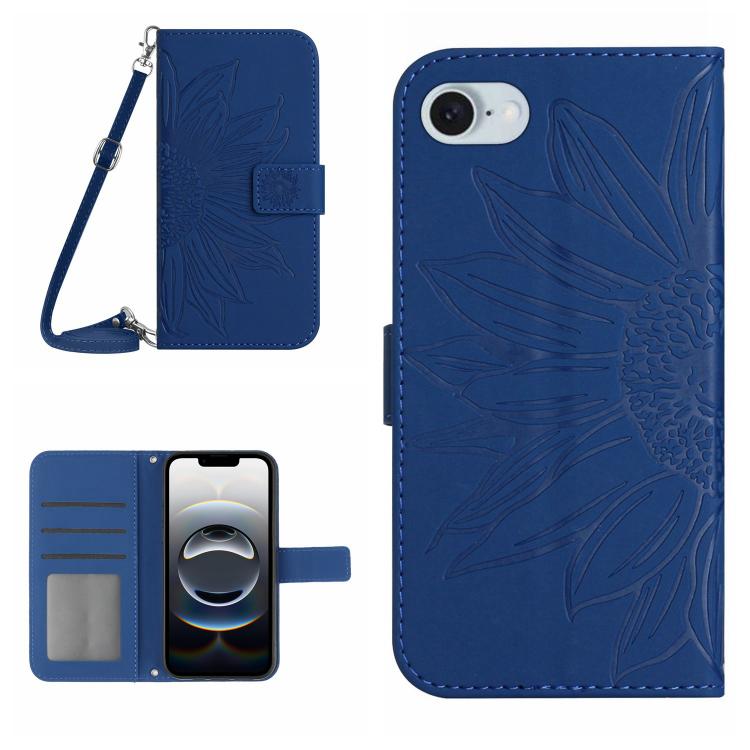 Skin Feel Sun Flower Embossed Flip Leather Phone Case with Lanyard, For iPhone 16, iPhone 16e, For iPhone 15 Pro Max