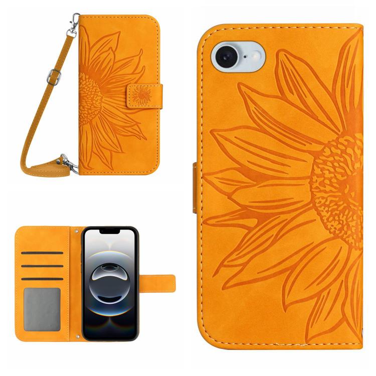 Skin Feel Sun Flower Embossed Flip Leather Phone Case with Lanyard, For iPhone 16, iPhone 16e, For iPhone 15 Pro Max