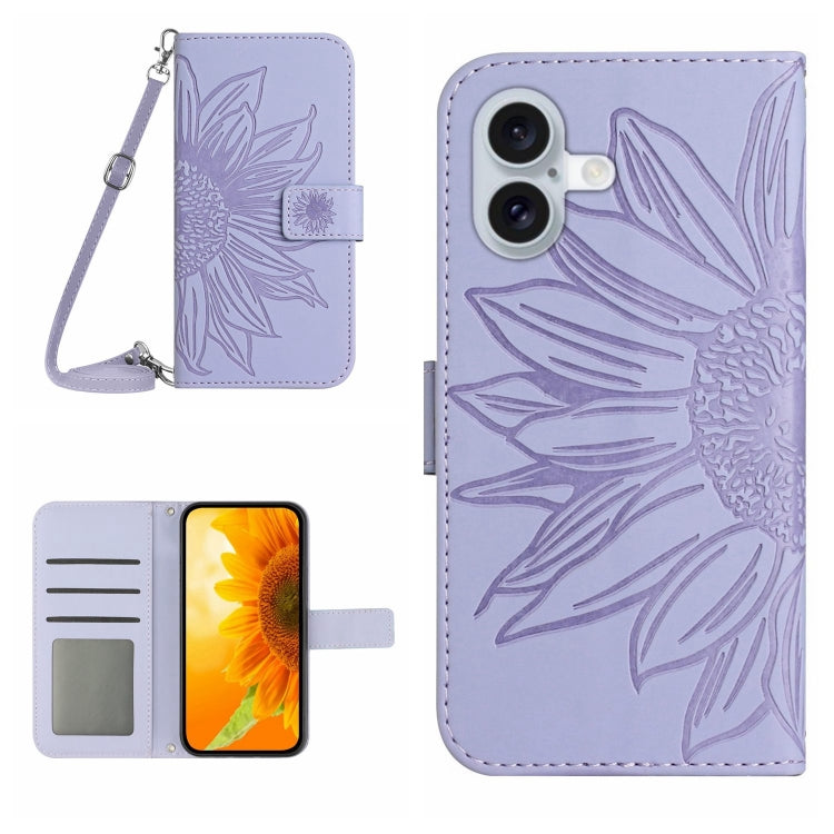 Skin Feel Sun Flower Embossed Flip Leather Phone Case with Lanyard, For iPhone 16 Pro Max, For iPhone 16 Pro, For iPhone 16 Plus