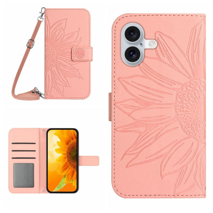 Skin Feel Sun Flower Embossed Flip Leather Phone Case with Lanyard, For iPhone 16 Pro Max, For iPhone 16 Pro, For iPhone 16 Plus