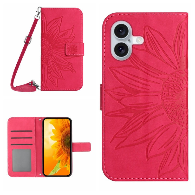 Skin Feel Sun Flower Embossed Flip Leather Phone Case with Lanyard, For iPhone 16 Pro Max, For iPhone 16 Pro, For iPhone 16 Plus