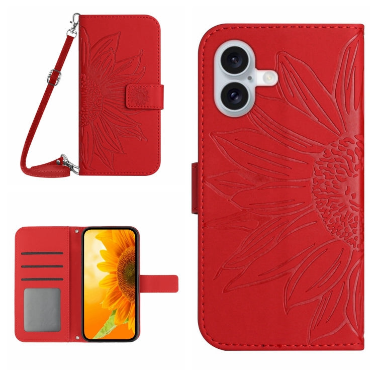 Skin Feel Sun Flower Embossed Flip Leather Phone Case with Lanyard, For iPhone 16, iPhone 16e, For iPhone 15 Pro Max