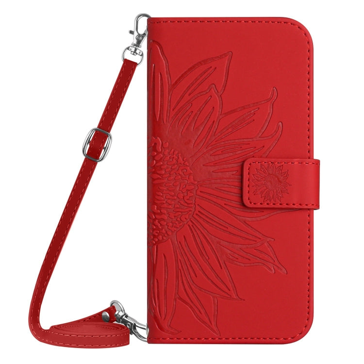 Skin Feel Sun Flower Embossed Flip Leather Phone Case with Lanyard, For iPhone 16, iPhone 16e, For iPhone 15 Pro Max