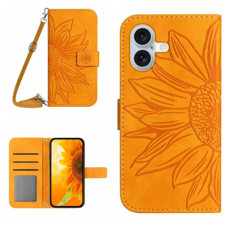 Skin Feel Sun Flower Embossed Flip Leather Phone Case with Lanyard, For iPhone 16, iPhone 16e, For iPhone 15 Pro Max