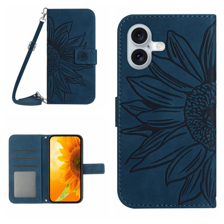 Skin Feel Sun Flower Embossed Flip Leather Phone Case with Lanyard, For iPhone 16, iPhone 16e, For iPhone 15 Pro Max