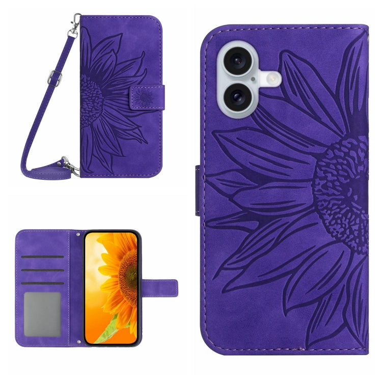 Skin Feel Sun Flower Embossed Flip Leather Phone Case with Lanyard, For iPhone 16, iPhone 16e, For iPhone 15 Pro Max