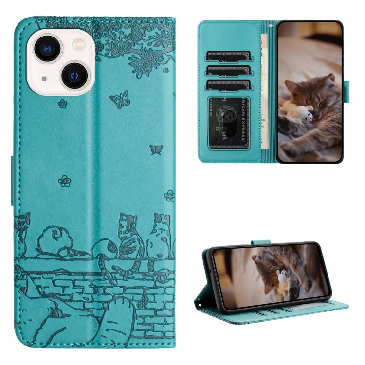 Cat Embossing Pattern Leather Phone Case with Lanyard, For iPhone 15 Pro, For iPhone 15 Plus, For iPhone 15, For iPhone 14 Plus, For iPhone 14, For iPhone 14 Pro