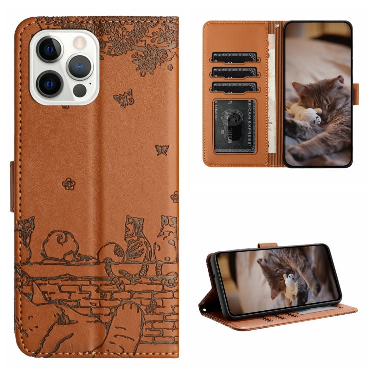 Cat Embossing Pattern Leather Phone Case with Lanyard, For iPhone 15 Pro, For iPhone 15 Plus, For iPhone 15, For iPhone 14 Plus, For iPhone 14, For iPhone 14 Pro