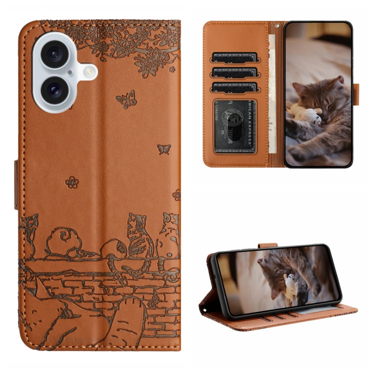 Cat Embossing Pattern Leather Phone Case with Lanyard, For iPhone 16 Pro Max, For iPhone 16 Pro, For iPhone 16 Plus, For iPhone 16, iPhone 16e, For iPhone 15 Pro Max