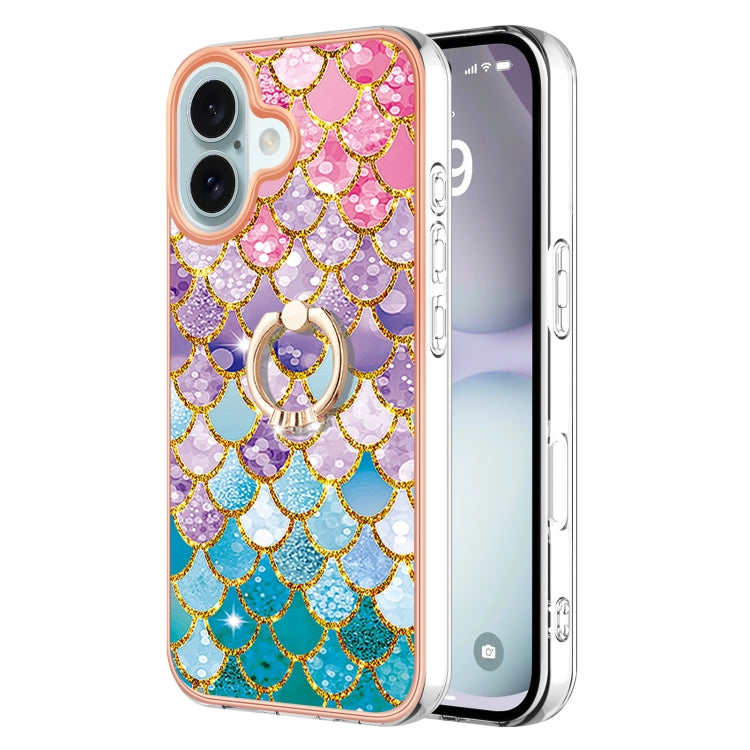 Electroplating Pattern IMD TPU Shockproof Case with Rhinestone Ring Holder, For iPhone 16 Pro Max, For iPhone 16 Pro, For iPhone 16 Plus, For iPhone 16, For iPhone 15 Pro Max