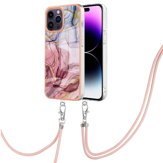 Electroplating Marble Dual-side IMD Phone Case with Lanyard, For iPhone 15 Pro, For iPhone 15 Plus, For iPhone 15