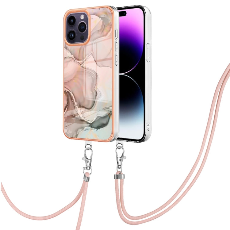 Electroplating Marble Dual-side IMD Phone Case with Lanyard, For iPhone 15 Pro, For iPhone 15 Plus, For iPhone 15