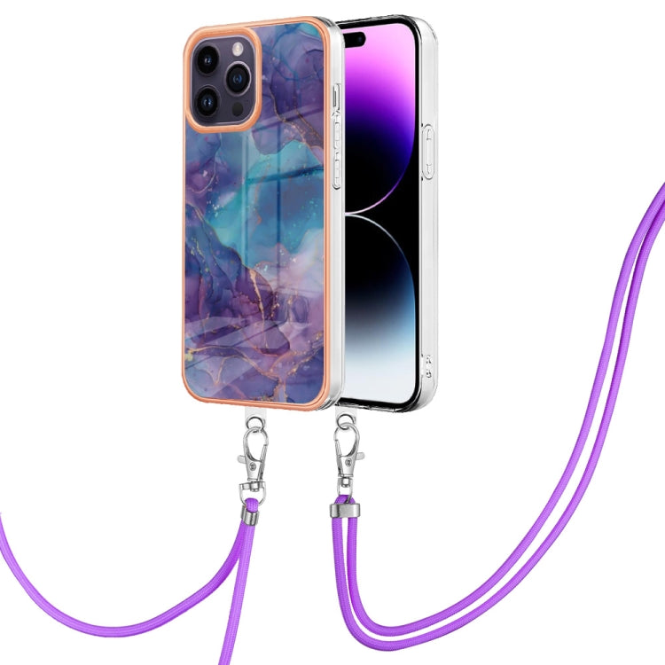 Electroplating Marble Dual-side IMD Phone Case with Lanyard, For iPhone 15 Pro, For iPhone 15 Plus, For iPhone 15