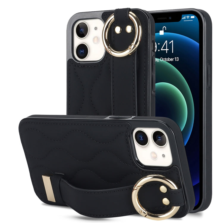 Non-slip Full Coverage Ring PU Phone Case with Wristband, For iPhone 12 Pro / 12, For iPhone 12 Pro Max, For iPhone 12 mini, For iPhone 11 Pro Max