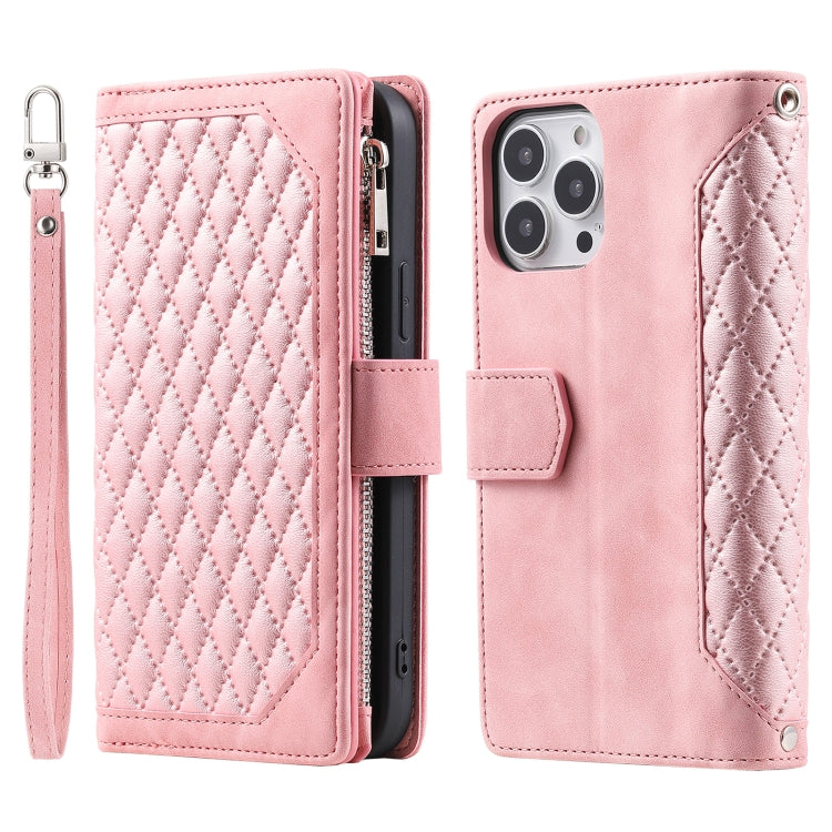 Grid Texture Zipper Leather Phone Case with Lanyard, For iPhone 15 Pro Max, For iPhone 15 Pro, For iPhone 15 Plus, For iPhone 15