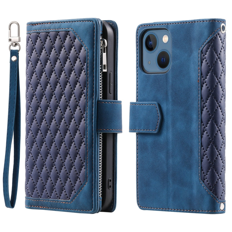 Grid Texture Zipper Leather Phone Case with Lanyard, For iPhone 15 Pro Max, For iPhone 15 Pro, For iPhone 15 Plus, For iPhone 15