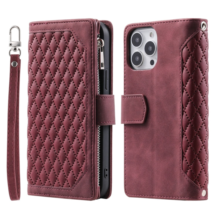 Grid Texture Zipper Leather Phone Case with Lanyard, For iPhone 16e, For iPhone 16 Pro Max, For iPhone 16 Pro, For iPhone 16 Plus, For iPhone 16