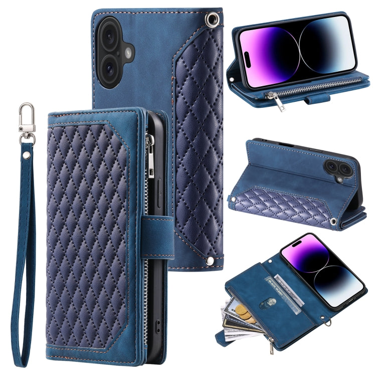 Grid Texture Zipper Leather Phone Case with Lanyard, For iPhone 16e, For iPhone 16 Pro Max, For iPhone 16 Pro, For iPhone 16 Plus, For iPhone 16