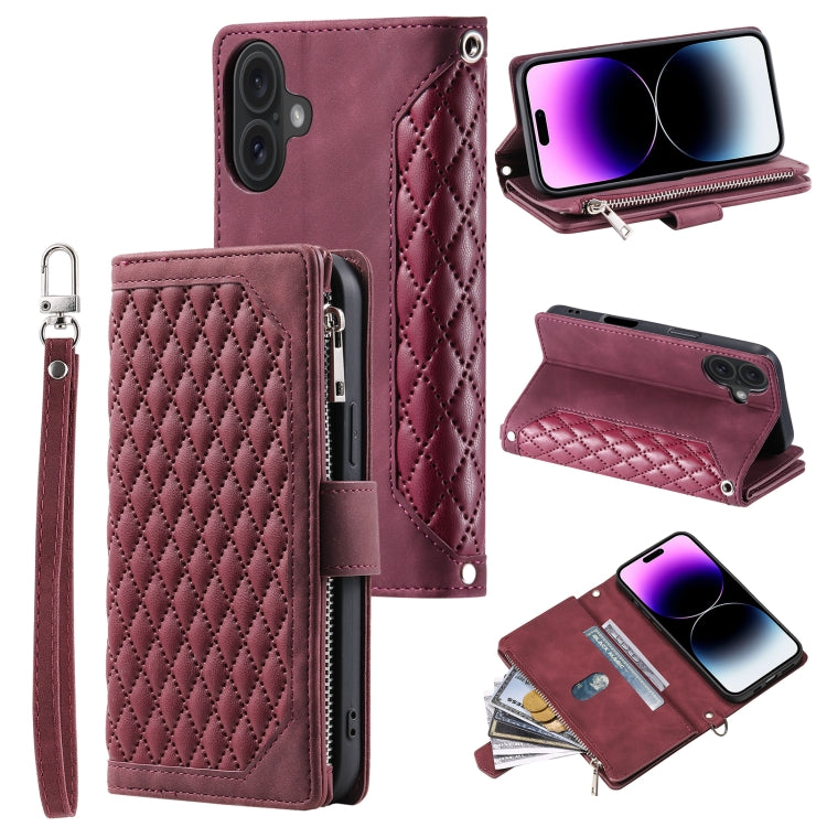 Grid Texture Zipper Leather Phone Case with Lanyard, For iPhone 16e, For iPhone 16 Pro Max, For iPhone 16 Pro, For iPhone 16 Plus, For iPhone 16