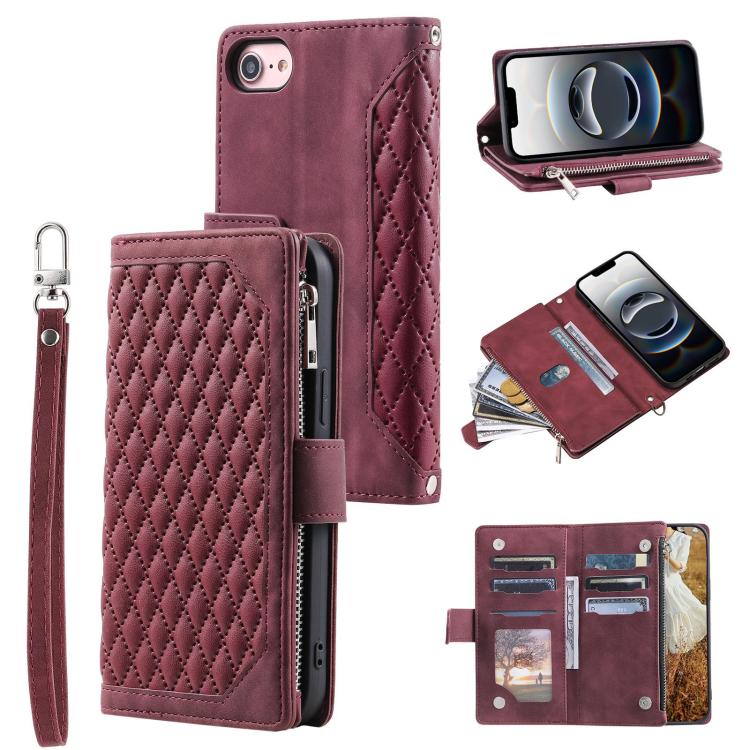 Grid Texture Zipper Leather Phone Case with Lanyard, For iPhone 16e, For iPhone 16 Pro Max, For iPhone 16 Pro, For iPhone 16 Plus, For iPhone 16