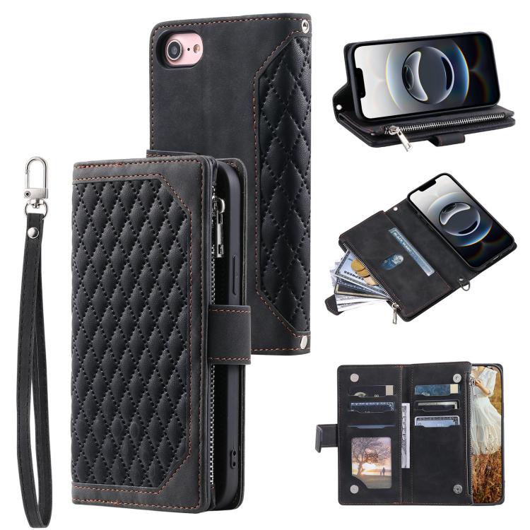 Grid Texture Zipper Leather Phone Case with Lanyard, For iPhone 16e, For iPhone 16 Pro Max, For iPhone 16 Pro, For iPhone 16 Plus, For iPhone 16