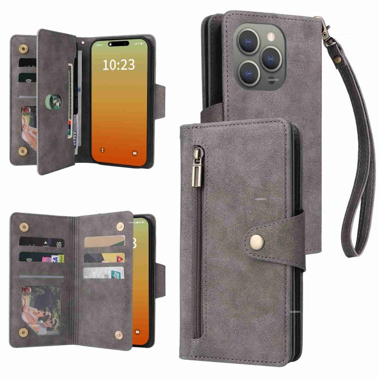 Rivet Buckle 9 Cards Three Fold Leather Phone Case, For iPhone 16 Pro Max, For iPhone 16 Pro, For iPhone 16 Plus, For iPhone 16, For iPhone 15 Pro Max, For iPhone 15 Pro