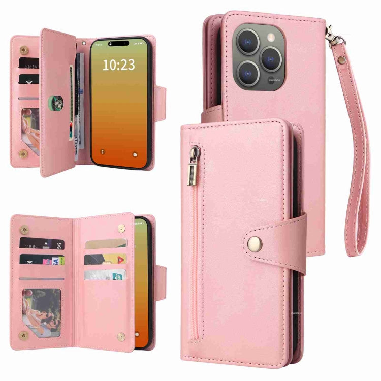 Rivet Buckle 9 Cards Three Fold Leather Phone Case, For iPhone 16 Pro Max, For iPhone 16 Pro, For iPhone 16 Plus, For iPhone 16, For iPhone 15 Pro Max, For iPhone 15 Pro