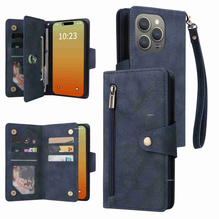 Rivet Buckle 9 Cards Three Fold Leather Phone Case, For iPhone 16 Pro Max, For iPhone 16 Pro, For iPhone 16 Plus, For iPhone 16, For iPhone 15 Pro Max, For iPhone 15 Pro