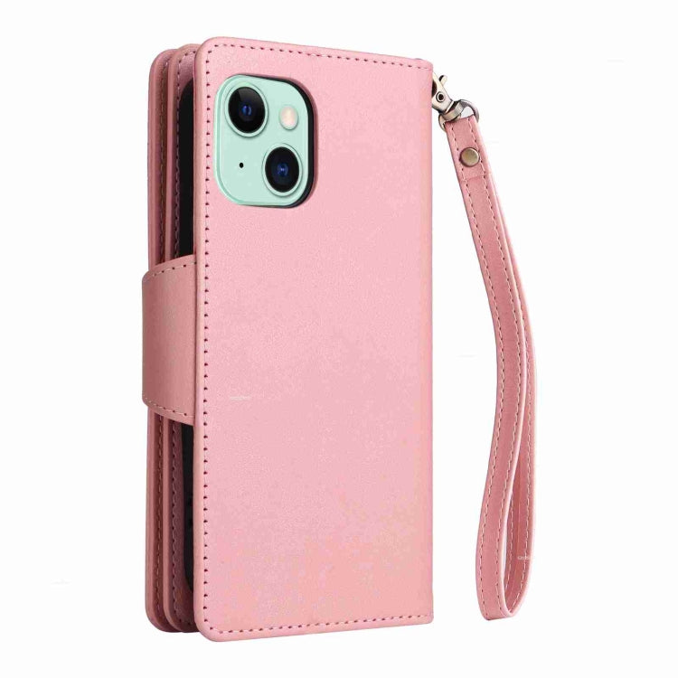 Rivet Buckle 9 Cards Three Fold Leather Phone Case, For iPhone 15 Plus, For iPhone 15