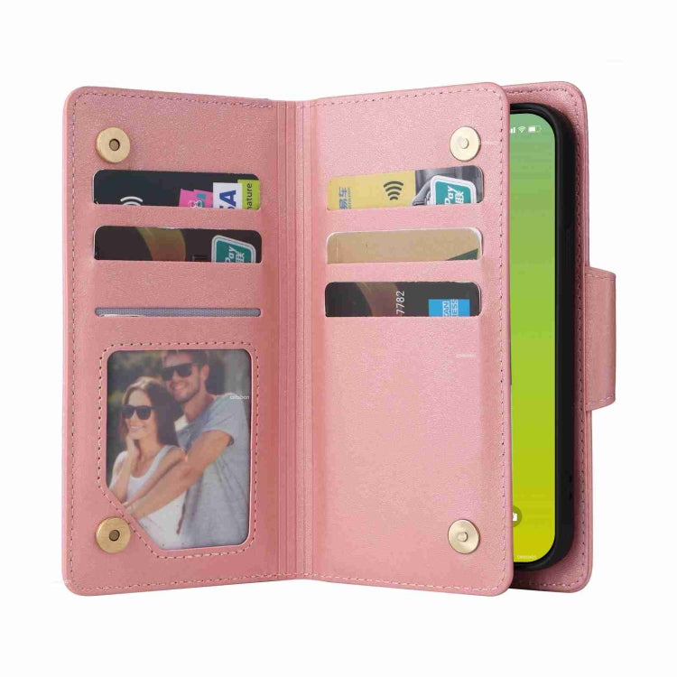 Rivet Buckle 9 Cards Three Fold Leather Phone Case, For iPhone 15 Plus, For iPhone 15