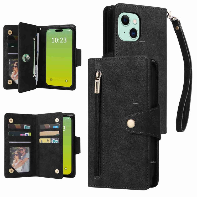 Rivet Buckle 9 Cards Three Fold Leather Phone Case, For iPhone 15 Plus, For iPhone 15